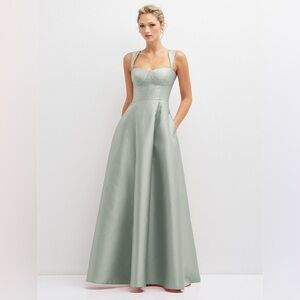Alfred Sung Madelyn D852 Sage Satin Bustier Lace-Up Back Pockets Formal Dress— 8